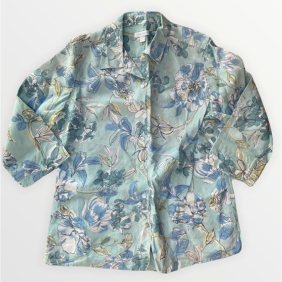 CHARTER CLUB LINEN FLORAL PREPPY BUTTON DOWN GREEN BLUE SHIRT SIZE 10 - Picture 1 of 5
